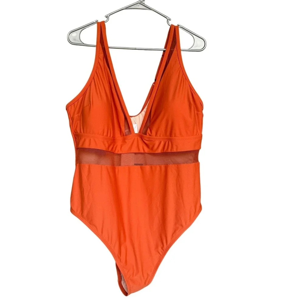 Cupshe Swimsuit Womens 3X Orange Mesh Panel One Piece Adjustable Strap NWT